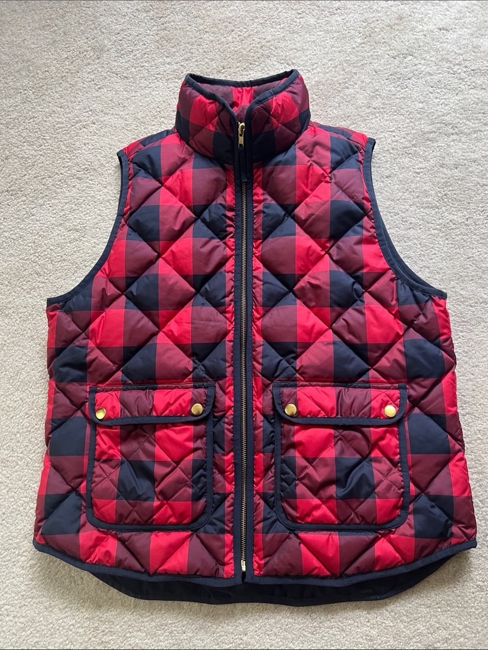 J.Crew Excursion Quilted Down Puffer Vest - Red & Navy Buffalo Plaid - Large